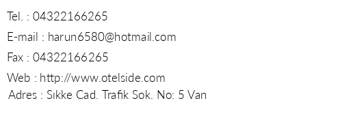 Van Otel Side telefon numaralar, faks, e-mail, posta adresi ve iletiim bilgileri